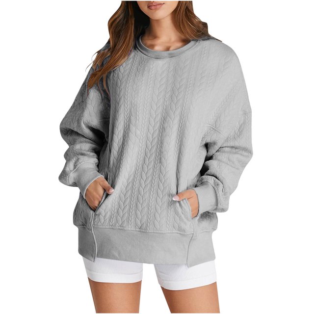 MeetoTime Women's Crewneck Sweatshirts Fall Long Sleeve Oversized Pullover Sweatshirts with Pockets