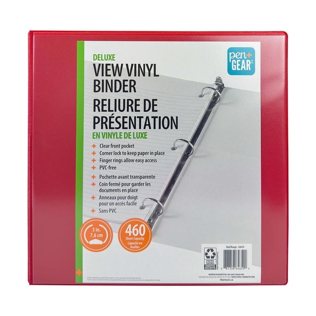 Pen + Gear Deluxe View Vinyl Binder in red with 3-inch round rings, clear front pocket, and corner lock to secure up to 460 sheets. Made from durable, PVC-free vinyl, suitable for organizing papers at school, office, or home.