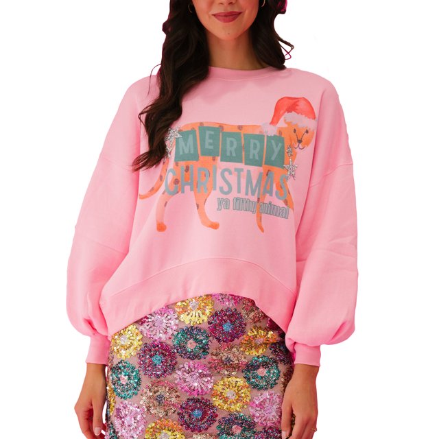 FOCUSNORM Pull de Noël Ample pour Femmes Imprimé Lettre Strass Manches Longues Col Rond Sweat-Shirt