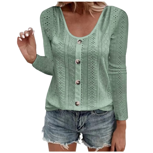 IROINID en Solde Chemises Grande Taille pour Femmes Col Rond Manches Longues Confortable Bouton Col Rond T-shirt Uni, Vert