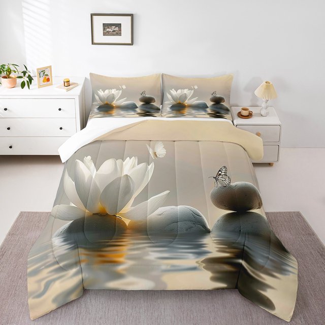 YST Ensemble de Douillette Fleurs Format Simple, Papillons Pierres Literie Douce, Fleurs de Lac Rivière Insectes Reflets Déco de Chambre Ensembles de Douillette, Insert de Couette Ciel Blanc Jaune Crépuscule pour Chambre