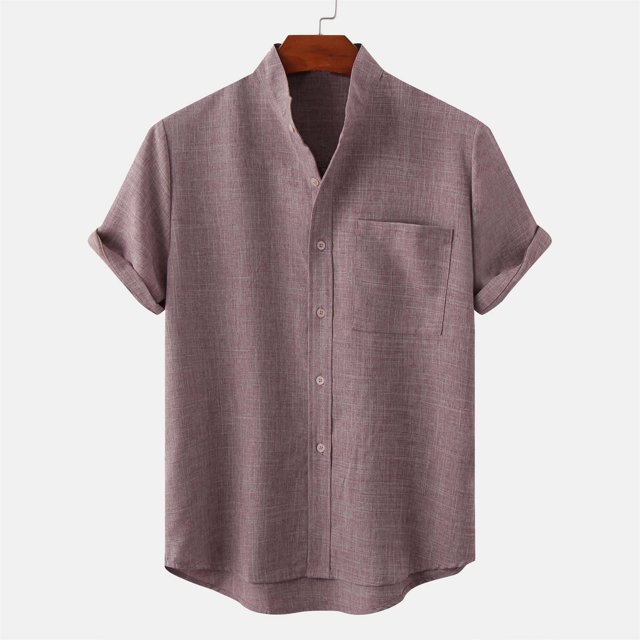 Babysbule Mens Shirts Clearance Men's Round Neck Pocket Button Solid Cotton Linen Short Sleeve Shirt