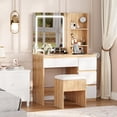 thumbnail image 2 of Vanity Desk with Mirror and LED Light, Vanity Desk with 4 Drawers, Power Outlet, Storage Stool, Storage Shelves & Hair Dryer Holder, Adjustable 3 Lighting Mode, Makeup Vanity Set for Bedroom, 2 of 6