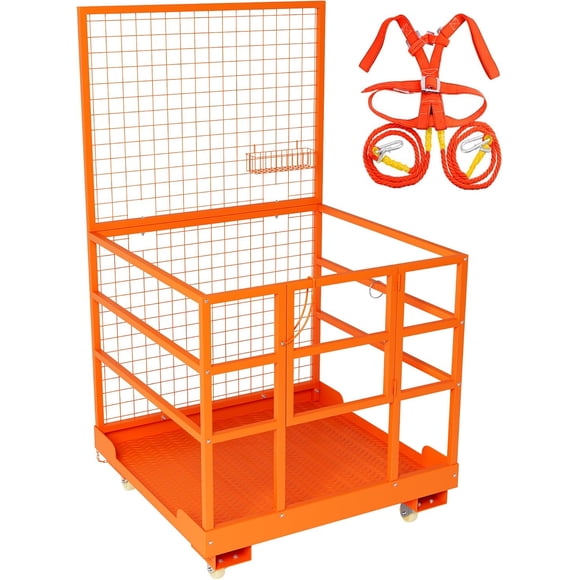 45x43 In Forklift Safety Cage 1800 lbs Capacity Heavy Duty Forklift Work Platform with Safety Harness Wheels and Locking Gate Orange