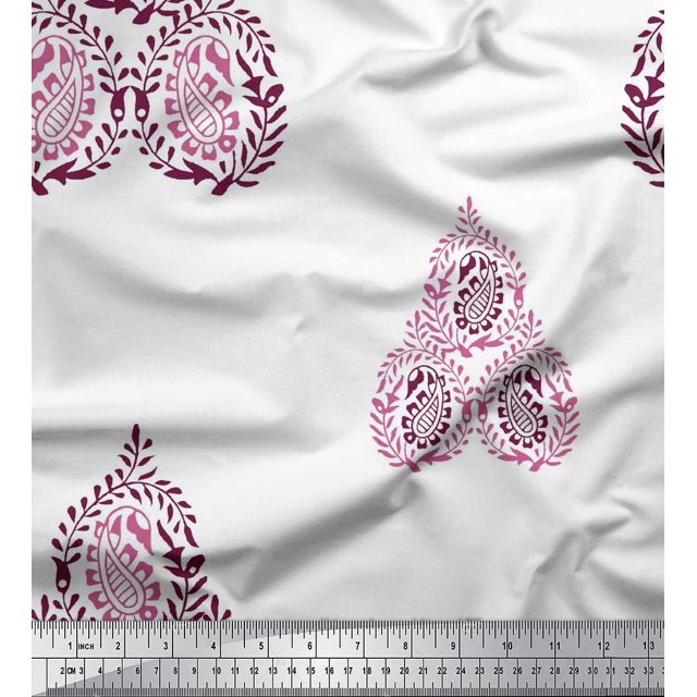 Soimoi Polyester Crepe Fabric Leaves & Paisley Block Print Fabric by The Yard 52 Inch Wide