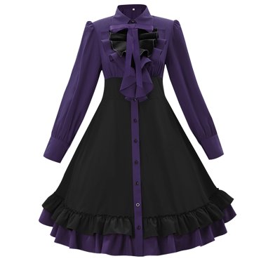 Gspmoly Robe d'Été, Costume de Scène Gothique avec Nœud, Robe Médiévale Renaissance à Manches Longues, Col Rond, Longueur Genou, Robes Formelles pour Femmes, Offres Prime