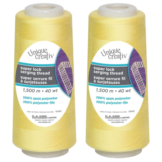 UNIQUE CREATIV TRULOCK Fil à Trancher Jaune Pâle sur Deux Cônes, 100 % polyester Filé, 40 wt, 1500 m Chacun, Conçu pour les machines à Surjet et les notions de Couture, Offrant une Alimentation Fluide pour les Coutures, Ourlets et Finitions de Bord, Étiqueté avec Texte Bilingue et Détails de Marque.