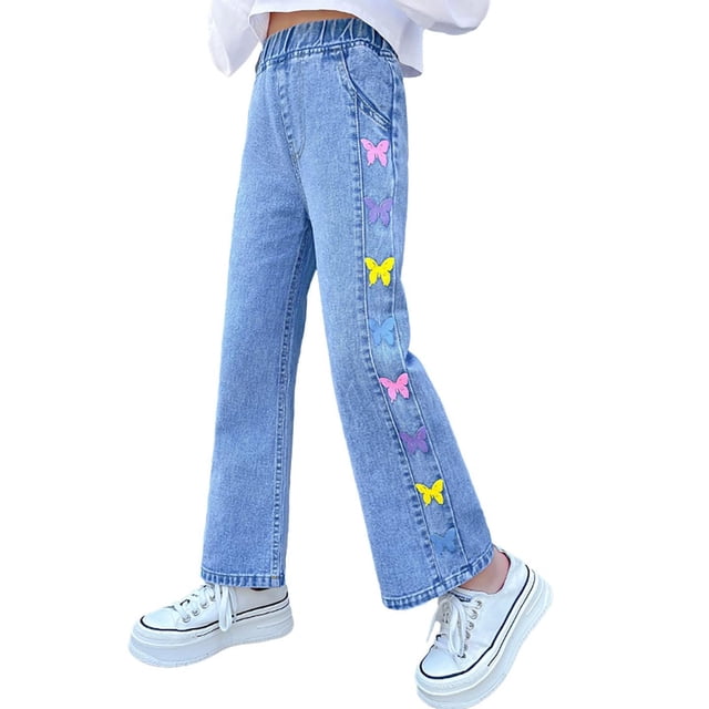 Girls Baggy Jeans High Waisted Cool Ripped Button Jeans Kawaii Pants 5-14 Years
