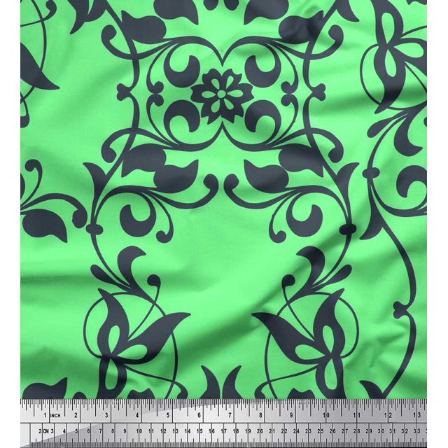Soimoi Poly Georgette Fabric Leaves & Filigree Damask Print Sewing Fabric Yard 52 Inch Wide