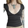 thumbnail image 1 of Gupgi Women Deep V Neck T-Shirts Solid Color Short Sleeve Low Cut Slim Crop Top, 1 of 9