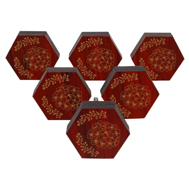IBA Indianbeautifulart Boutons Rouges Gravés 10 Pcs Meubles Boutons Festonnés en Bois Tirette de Tiroir Rustique