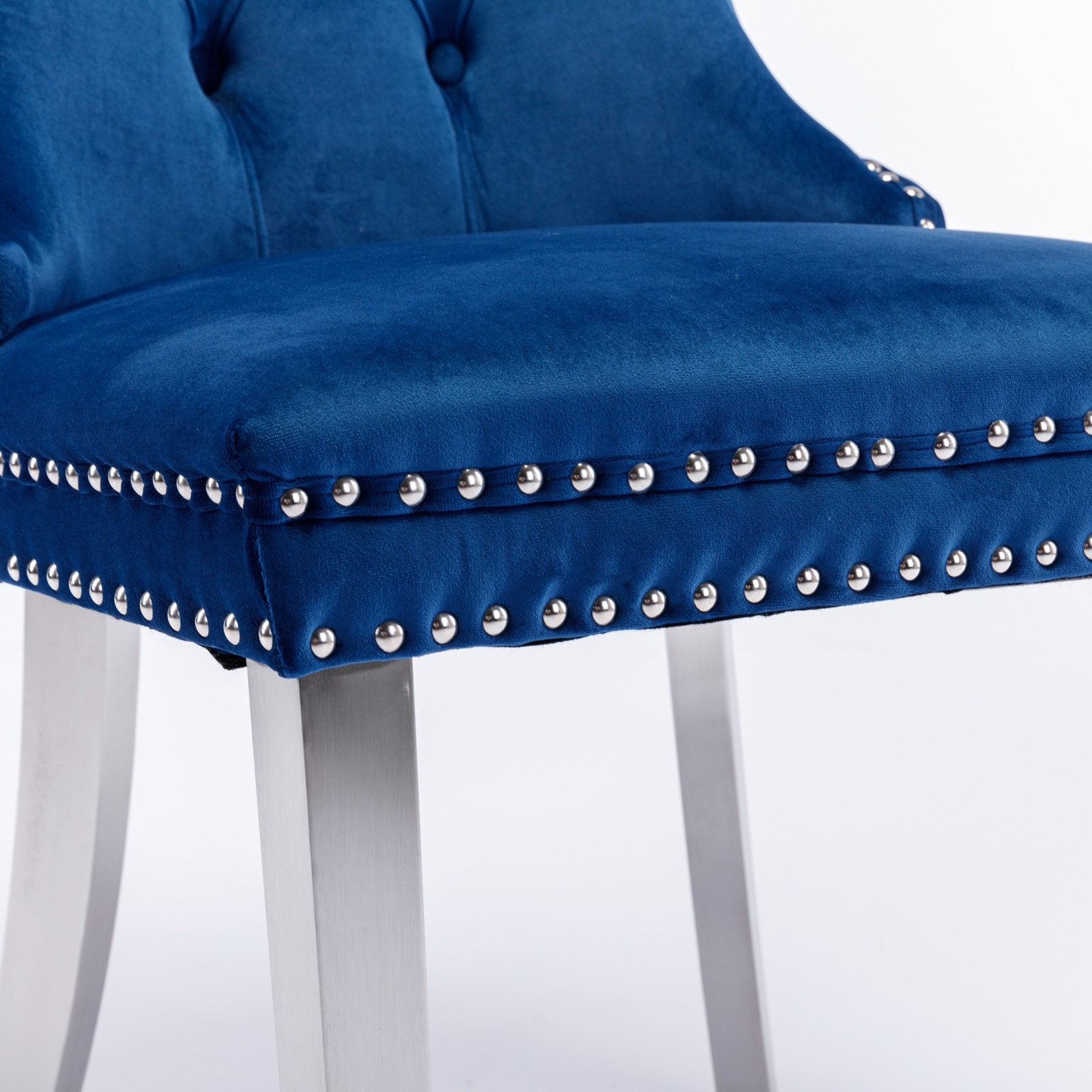 Noble House Velvet Upholstered Dining Chair Set of 2,Tufted with Siller Plated Legs & Nailhead Trim,Blue + Chrome