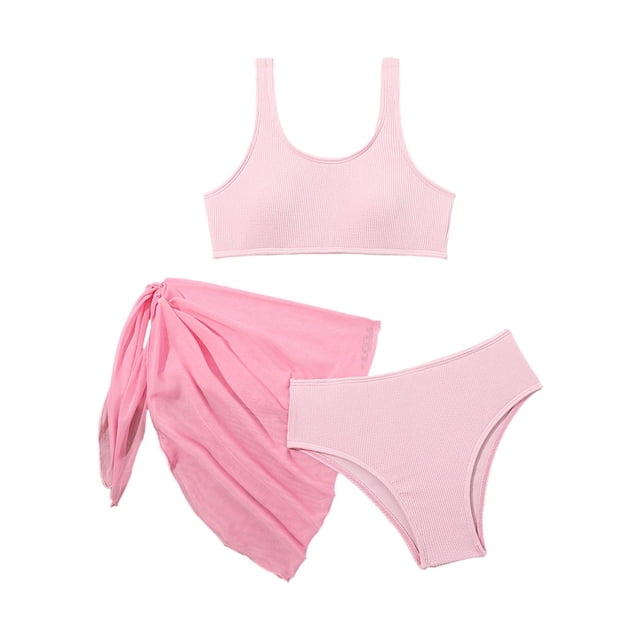 MIASHUI Maillot de Bain Fille 3 Pcs Bikini avec Paréo, Rouge, 7-8 Ans