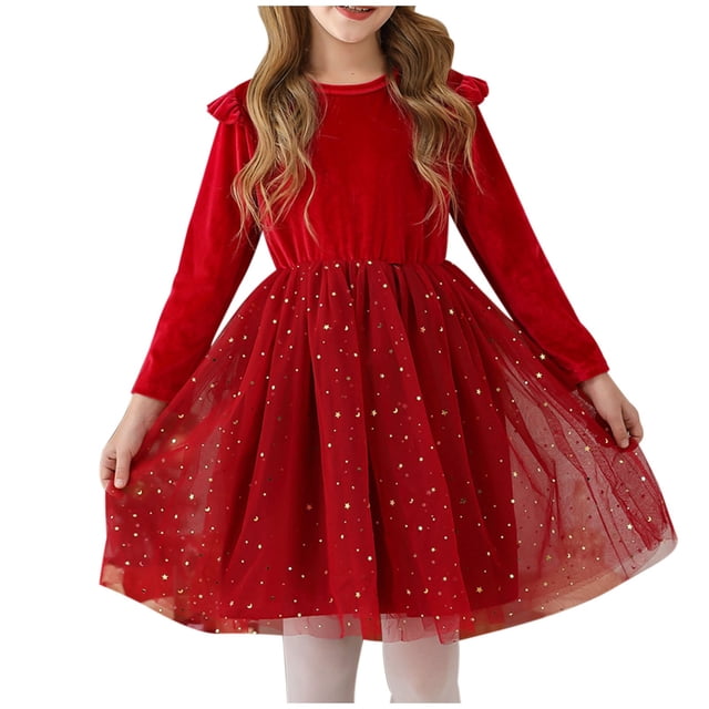 Floleo Robe Princesse en Velours pour Filles à Manches Longues, Ourlet à Volants, Robe de Fête Ligne A, Robes de Fête pour Vacances, Anniversaire, Spectacle, Événements Formels (Rouge, 5-6 Ans)