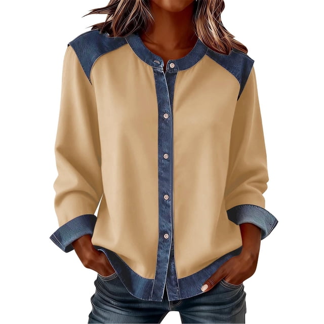RXMEKW Denim Patchwork Cardigan For Women Long Sleeve Button Up Casual Jacket Solid Color