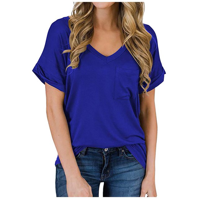 Pompotops Femmes Solide Manches Courtes V-Cou Poches Décontracté Tee Tops T Shirt