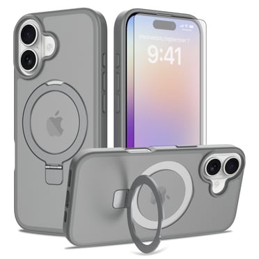 Asuwish Étui de Téléphone pour iPhone 17 6,3 Pouces Protecteur d'Écran en Verre Trempé Support Pliant Magnétique Givré Translucide Robuste Antichoc Étui de Protection pour Cellulaire i Phone17 i17 17Case Femmes Hommes Gris