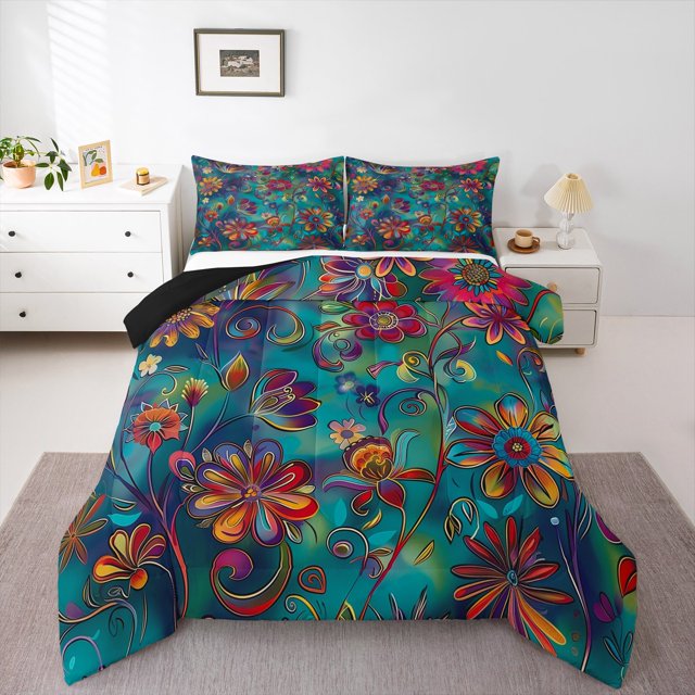 Erosebridal Retro Boho Floral Bedding Queen Comforter Set,Rainbow Botanical Down Comforter,Gradient Blue Pink Bedding Sets Queen with Comforter,Microfiber Room Decoration Reversible,3 Pieces