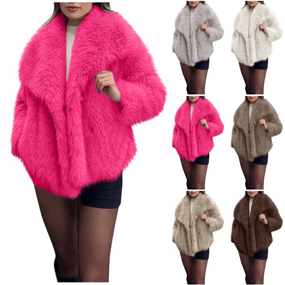Mceream Women's Faux Fur Coat Fluffy Furry Jacket Long Sleeve Open Front Plush Winter Coats Shaggy Warm Short Outerwear Plus Size Outfits Clothes Abrigos Elegantes Para Mujer Hot Pink XXL