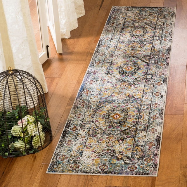 Safavieh Aria Lucy Tapis Traditionnel 2'x8' Coureur avec un Motif floral Persan Vieilli et un Médaillon en Jaune, Bleu et Bourgogne Atténué sur Fil Synthétique durable, Placé sur Plancher de Bois Franc Près de Rideaux Transparents et une cage Décorative en Fil Métallique avec des Fleurs, Idéal pour les Zones à Fort Passage.