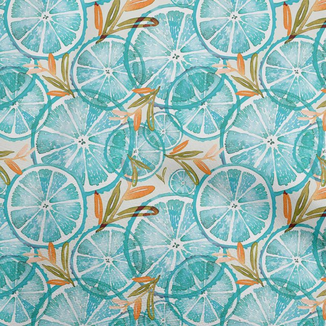 oneOone Georgette Viscose Turquoise Blue Fabric Leaves & Lemon Sewing Material Print Fabric By The Yard 42 Inch Wide