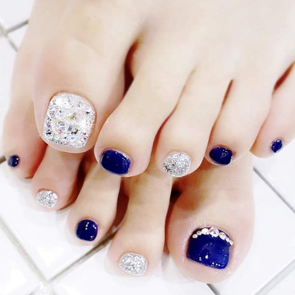 24pcs Fake Nails Foot Toes Blue Silver Glitter with Stones Press on Nail False Tips Artificial Pedicure for Women and Girls