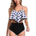 thumbnail image 1 of Women High Waisted Bikini Ruffle Swimsuit Flounce Pom Pom Trim Two Piece Bathing Suit Tassel Black Dots (S, 1 of 5