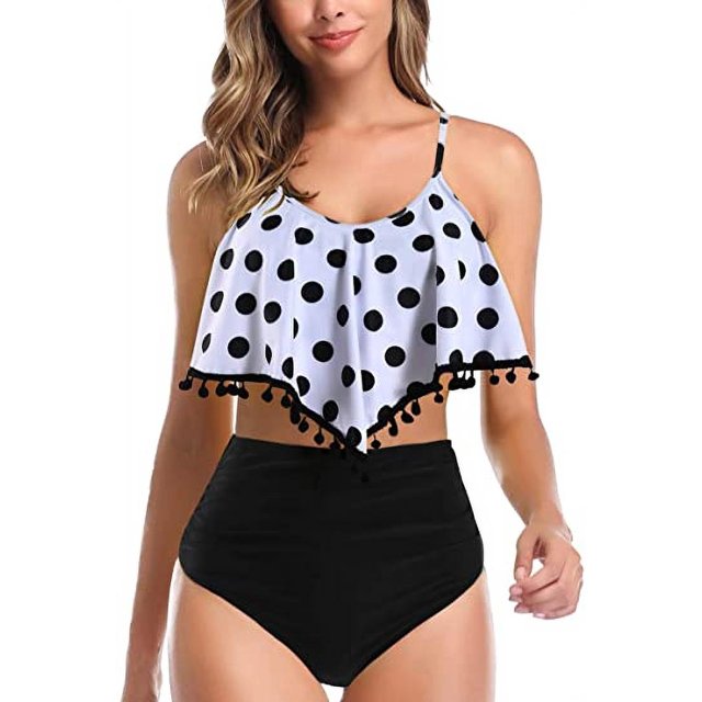 Women High Waisted Bikini Ruffle Swimsuit Flounce Pom Pom Trim Two Piece Bathing Suit Tassel Black Dots (S