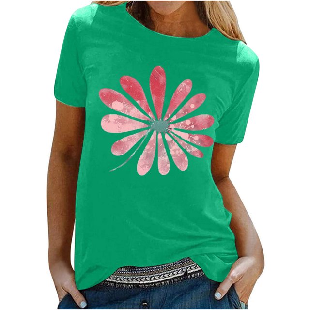 KIHOUT Nouveau Haut de Mode d'Été pour Femmes 2025, T-Shirt à Manches Courtes à Col Rond Décontracté à Imprimé Floral Vert G