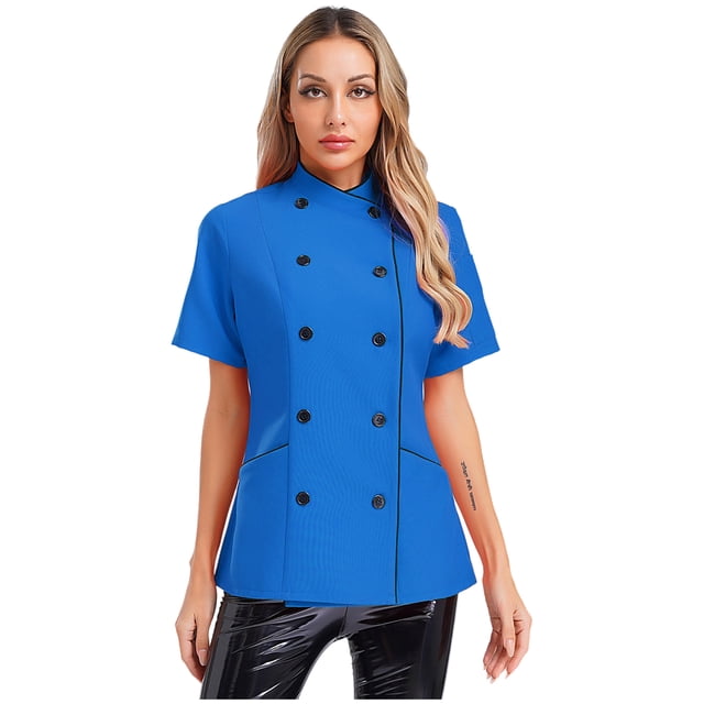 Doomiva Women Short Sleeve Chef Jacket Cross-over Collar Double-breasted Chef Coat Work Uniform for Kitchen Hotel Light Blue L