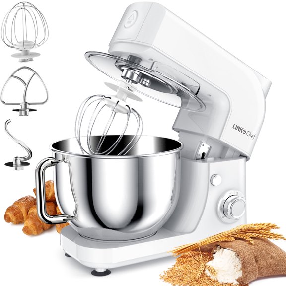 LINKChef Batteur sur Socle, 5,3qt 800W 6+P Vitesses avec Fouet, Crochet à Pâte et Batteur (Blanc)
