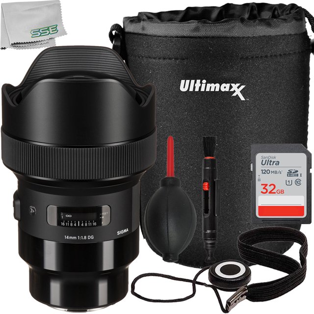 Ultimaxx Essential Sigma 14mm f/1.8 Objectif (L-Mount) Ensemble - Comprend : Carte Mémoire Ultra 32 Go, Pochette d'Objectif Résistante à l'Eau, Gardien de Capuchon d'Objectif Universel et Plus (Ensemble de 9 Pcs)