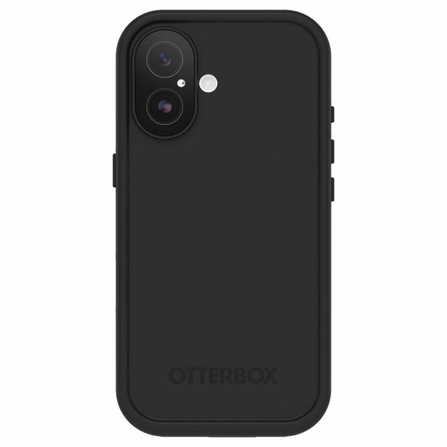 OtterBox Fre MagSafe Case Black for iPhone 17, rear view showing matte black protective case with precise dual camera openings, integrated screen cover, built-in MagSafe magnets for secure attachment, waterproof to 2 meters for 1 hour, and military-grade drop protection, suitable for connecting phone straps via built-in anchors.