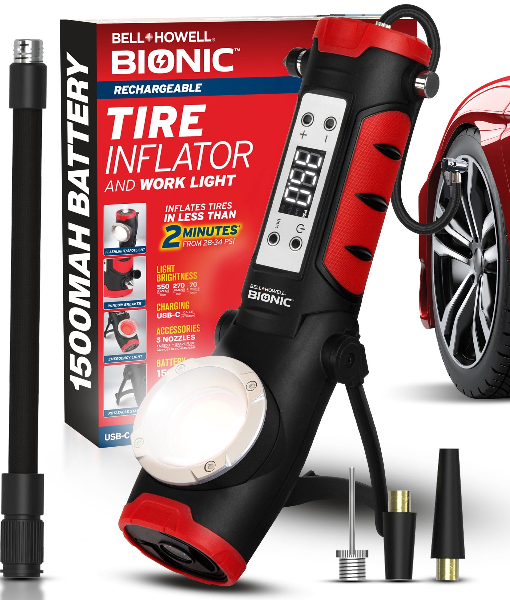 Bell + Howell BIONIC Car Tire Inflator Portable Air Compressor with Work Light and Window Breaker, Rechargeable 1500MAH Portable Tire Inflator for Car Air Pump Portable with LED Pressure Gauge