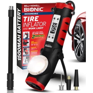 Bell + Howell BIONIC Gonflateur de pneus de voiture Portable Air Compresseur avec lumière de travail and Disjoncteur de fenêtre, rechargeable 1500MAH Gonflateur de pneus portable pour voiture Air Pompe Portable avec LED Mesure de pression