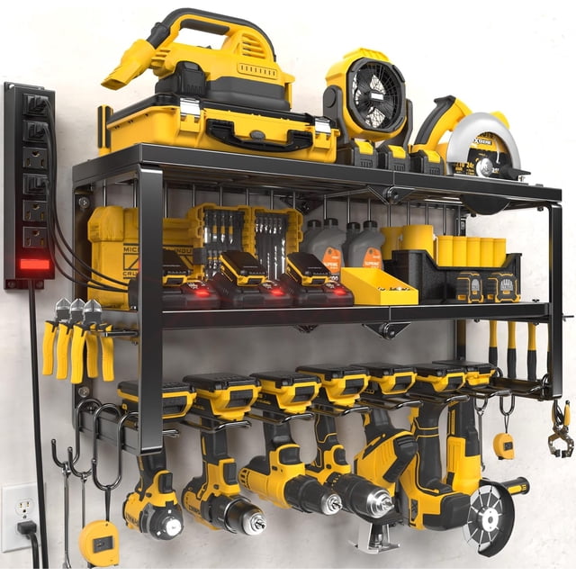 Power Tool Organizer Min Fast Assembly Slots Layer Heavy Duty Metal & Max lb load Cordless Power Dill Holder in Garage/Workshop/Pegboard/Shed