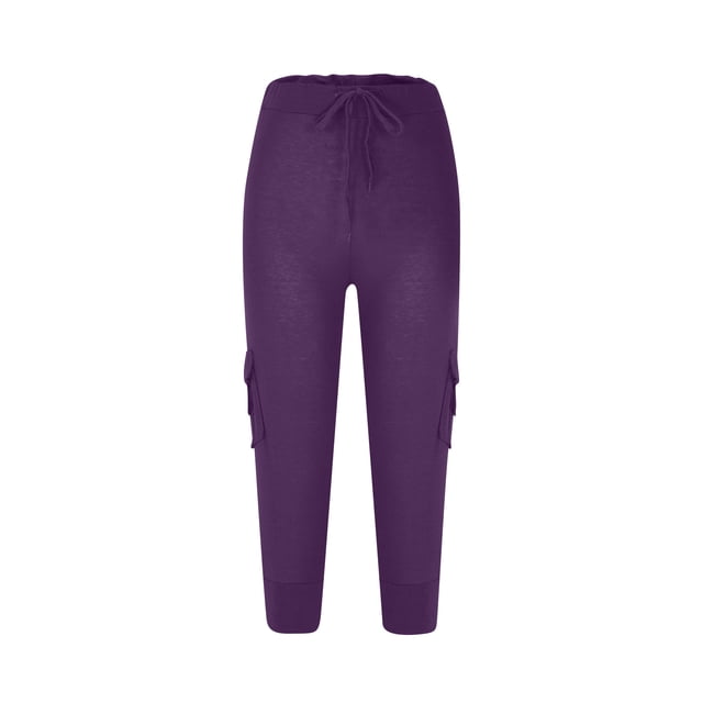 Plus Size Capris for Women Cargo Cropped Pant with Pockets Drawstring Casual Summer Pants E-2-Purple
