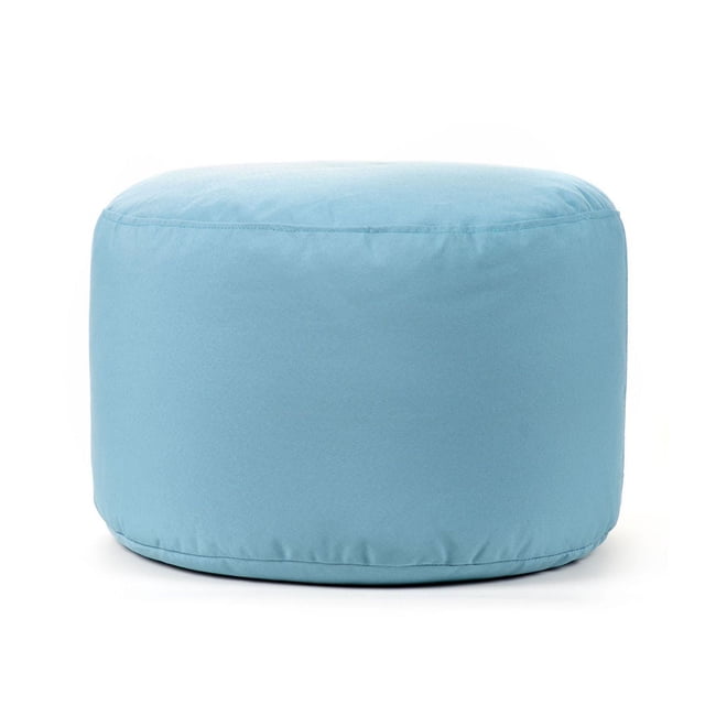 Gouchee Home Soleil Indoor/Outdoor Ottoman in water-repellent light blue olefin fabric with high-density Canadian polystyrene bead filling, compact 20" diameter by 12" height, lightweight and durable pouf suitable for patio, balcony, or living room seating and footrest.