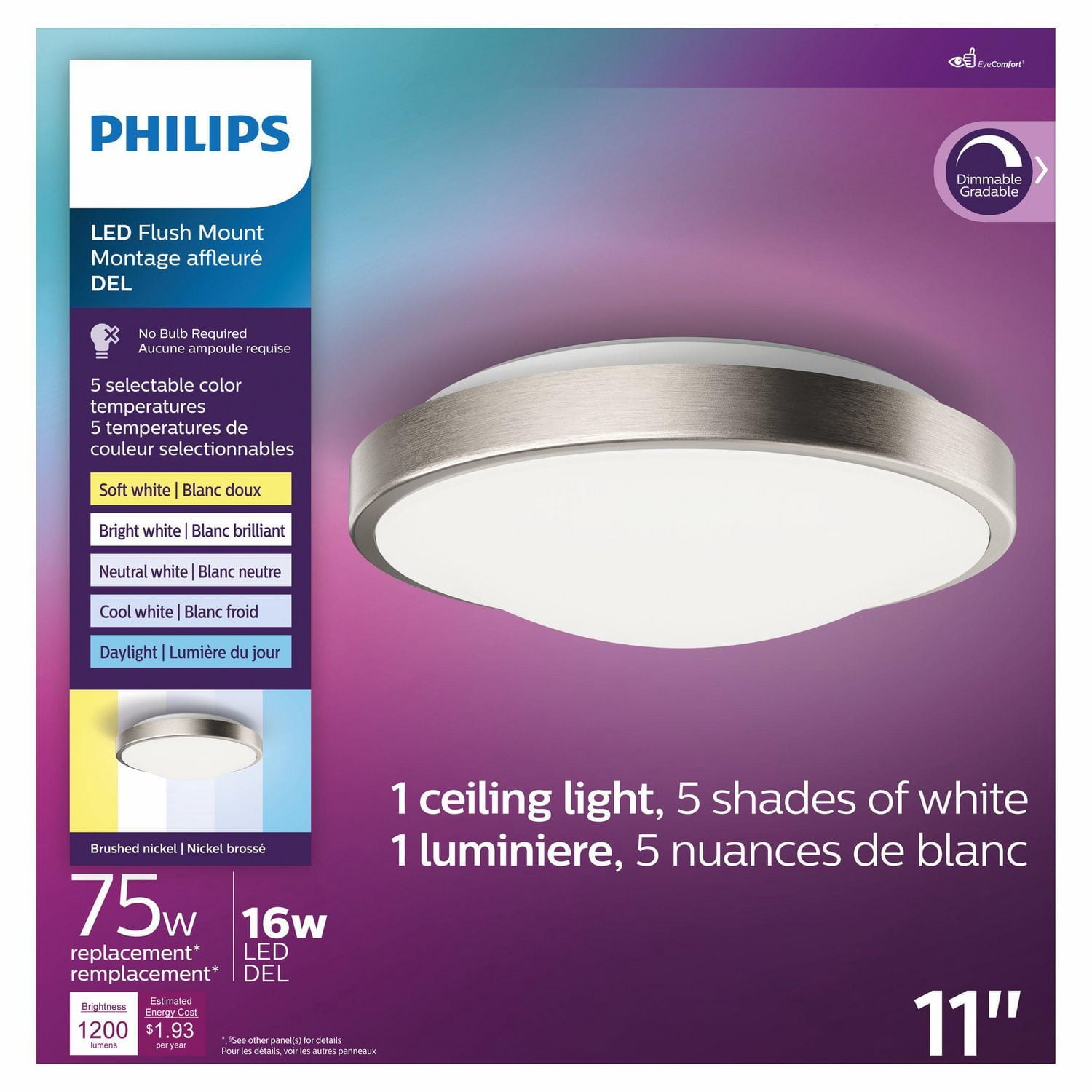 Plafonnier Philips Dimmable LED 11" 75W Plafonnier 5 couleurs changeantes