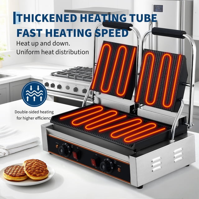 AKDSteel Commercial Panini Grill, 1800w Electric Sandwich Maker With 9"x9" Full Grooved Enamel Plate And Temp Control