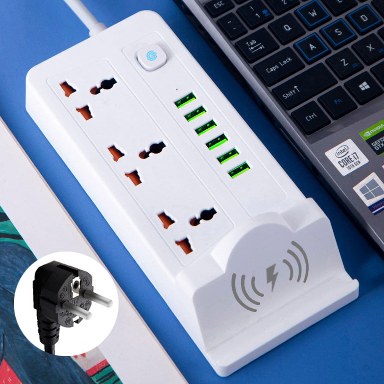 6 USB Ports Wireless Charging Desk Station Universal Power Strip 3 AC Outlets 110V 2500W 2M Extension Cord Home Office Charging Hub