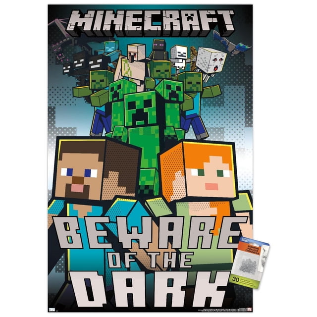 Minecraft - Attention au Noir Affiche Murale avec Cadre Magnétique, 22,375 Po x 34 Po Mettant en Vedette des Personnages Pixélisés Steve et Alex devant avec des Rampants, des Zombies, des Squelettes, des Endermen et des Fantômes derrière sur un Fond Dégradé Foncé, Imprimée sur Papier Lustré avec un Cadre en Bois Magnétique Facile à Accrocher, Idéale pour la Déco de la Maison et les Salles de Jeux.