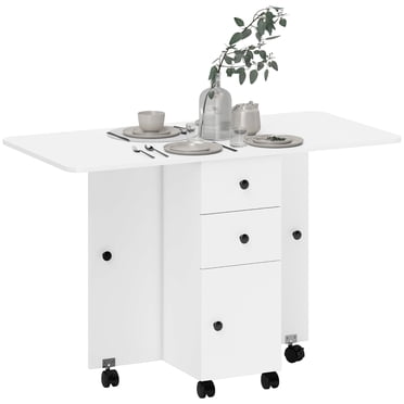 HOMCOM Foldable Dining Table, Rolling Kitchen Table with Drawers, Cabinet