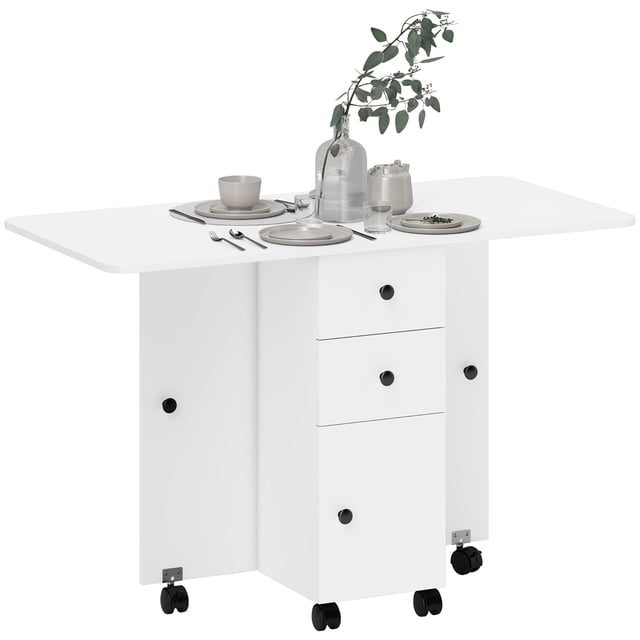 HOMCOM Table à Manger Pliable, Table de Cuisine Roulante avec Tiroirs, Armoire