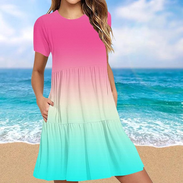 Amzcrzy Robes pour Femmes Robes Décontractées pour Femmes Robes d'Été Décontractées à Manches Courtes Robe T-Shirt à Étages Mini Robes avec Poches Robes Décontractées pour Femmes