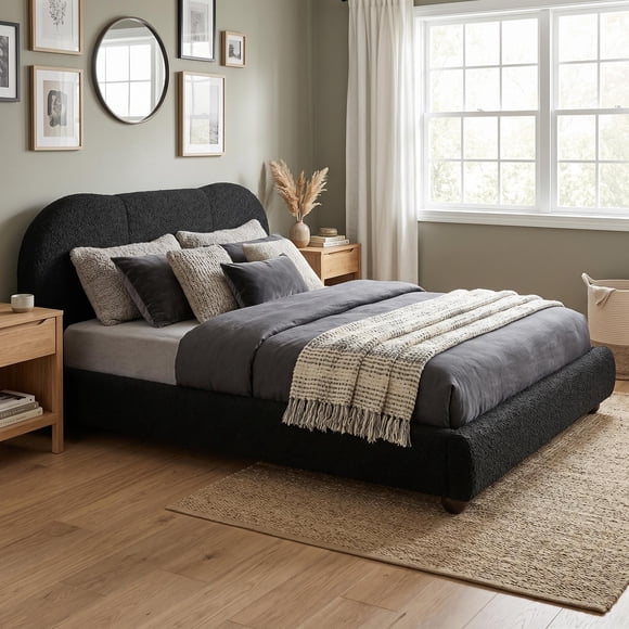 Homy Casa King Size Teddy Velvet Platform Bed Frame, Curved Upholstered Headboard, Modern Bouclé Bed, No Box Spring Needed