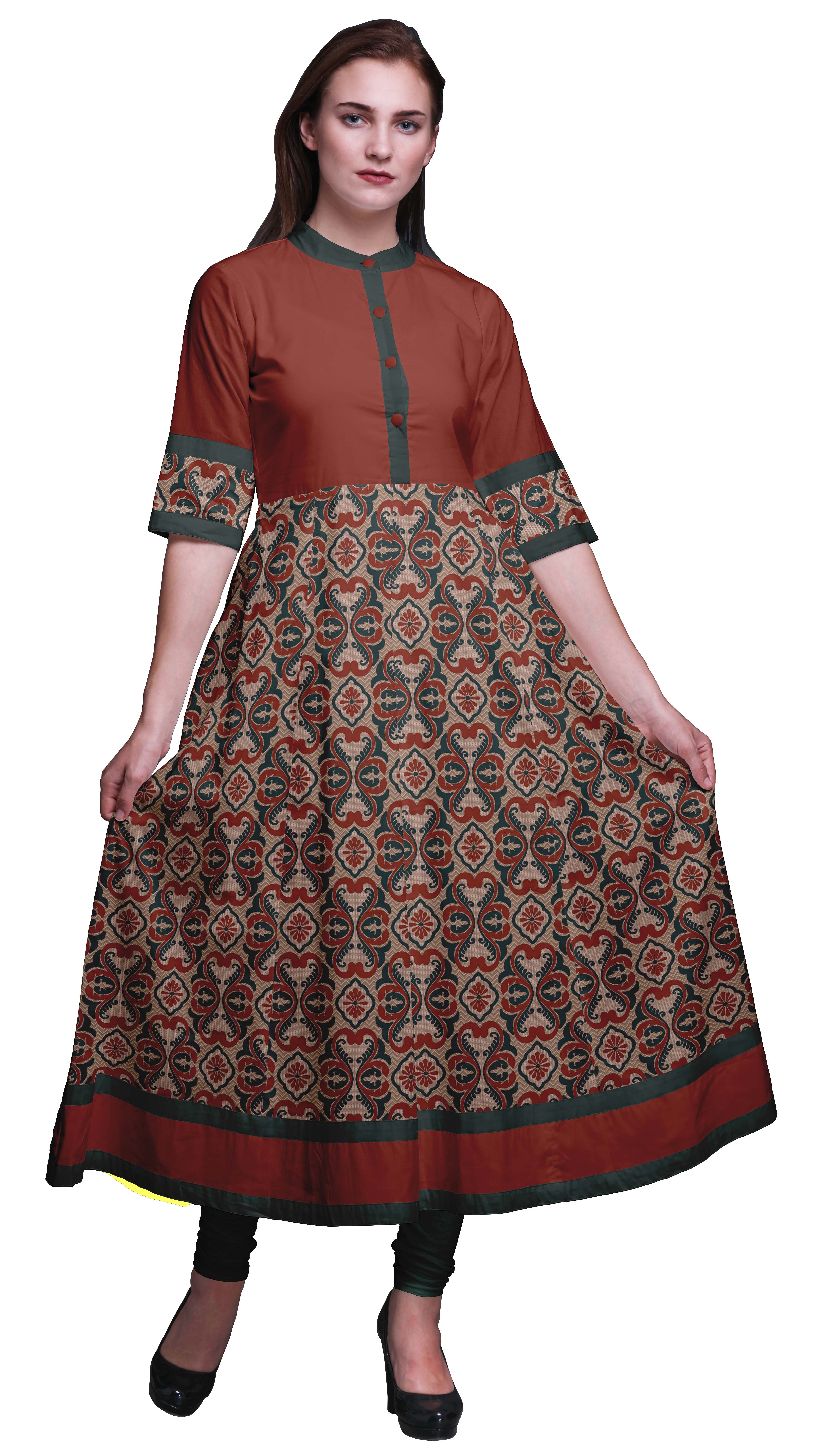 Bimba Kurtis Indiennes à Motif Damassé Floral Rouge pour Femmes, Longues, Évasées, Décontractées, Anarkali, Robes Ethniques Kurti-Petit