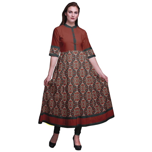 Bimba Kurtis Indiennes à Motif Damassé Floral Rouge pour Femmes, Longues, Évasées, Décontractées, Anarkali, Robes Ethniques Kurti-Petit