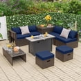 thumbnail image 3 of Patiojoy 9 Pieces Outdoor Patio Furniture Set with 42" Propane Fire Pit Table Outdoor PE Wicker Space-Saving Sectional Sofa Set Navy, 3 of 10