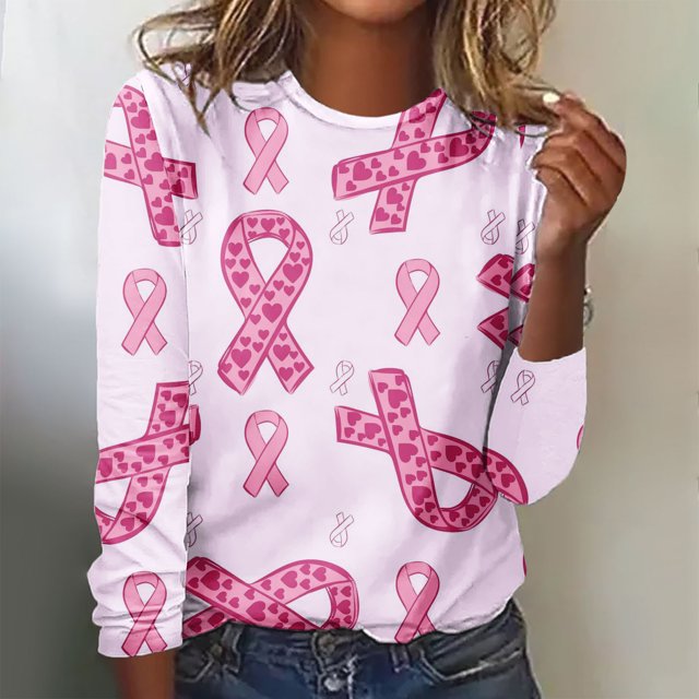 TIMIFIS Chandails de Sensibilisation au Cancer du Sein pour Femmes Ruban Chandail à Manches Longues Blouse Imprimée Col Rond Chandail à Manches Longues Décontracté Automne/hiver pour Femmes